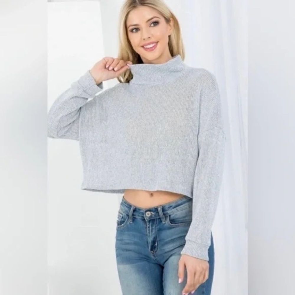 Cowl Neck Sweater Cropped Long Sleeve Gray